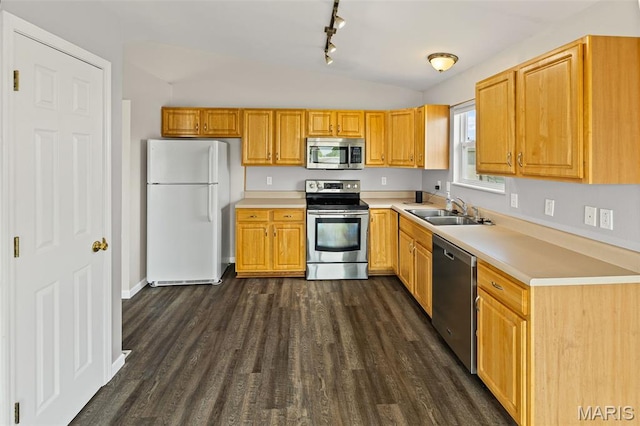412 Audry Dr, Dupo, IL 62239 - kitchen featuring appliances with stainless steel finishes, vaulted ceiling, rail lighting, dark wood finished floors, and light countertops