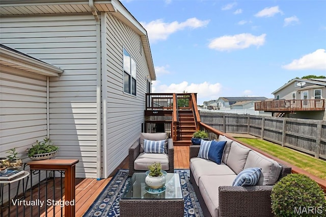 412 Audry Dr, Dupo, IL 62239 - deck with an outdoor living space, a fenced backyard, and stairway
