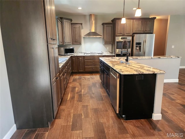 9339 Prairie Ridge Rd, Walsh, IL 62297 - kitchen featuring wall chimney exhaust hood, stainless steel appliances, dark wood-style flooring, and recessed lighting