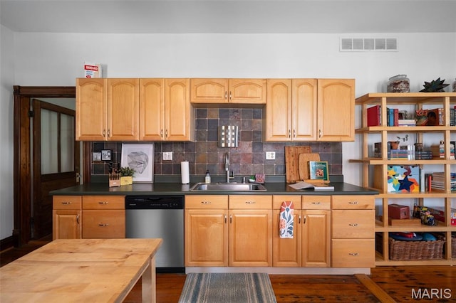6505 Michigan Ave, Saint Louis, MO 63111 - kitchen featuring stainless steel dishwasher, dark wood finished floors, and tasteful backsplash