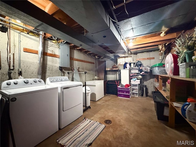 914 Ruby Dr, Farmington, MO 63640 - unfinished below grade area featuring washing machine and clothes dryer, electric panel, and fridge