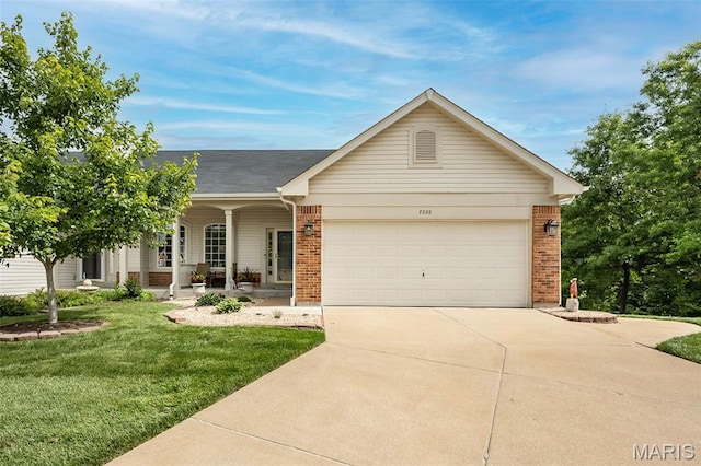 7202 Geneva Manor Ct, Oakville Township, MO 63129 - single story home with brick siding, a front lawn, concrete driveway, a garage, and a porch