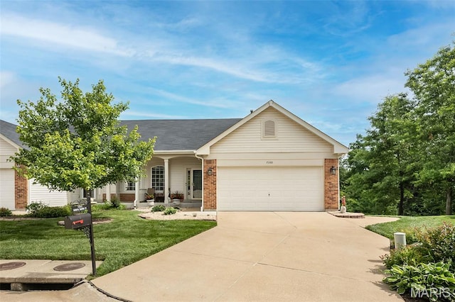 7202 Geneva Manor Ct, Oakville Township, MO 63129 - single story home featuring a garage, a front lawn, brick siding, a porch, and driveway