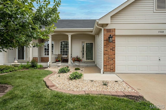 7202 Geneva Manor Ct, Oakville Township, MO 63129 - entrance to property with covered porch, brick siding, an attached garage, roof with shingles, and a lawn