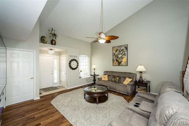 7202 Geneva Manor Ct, Oakville Township, MO 63129 - living room with dark wood-style floors, ceiling fan, and high vaulted ceiling