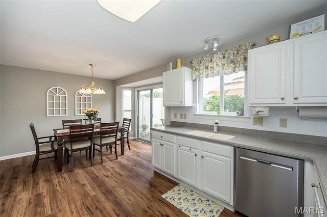 7202 Geneva Manor Ct, Oakville Township, MO 63129 - kitchen featuring dishwasher, dark wood-style flooring, white cabinets, and a chandelier