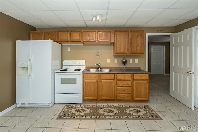 7202 Geneva Manor Ct, Oakville Township, MO 63129 - kitchen featuring white appliances, light tile patterned flooring, a paneled ceiling, and brown cabinetry