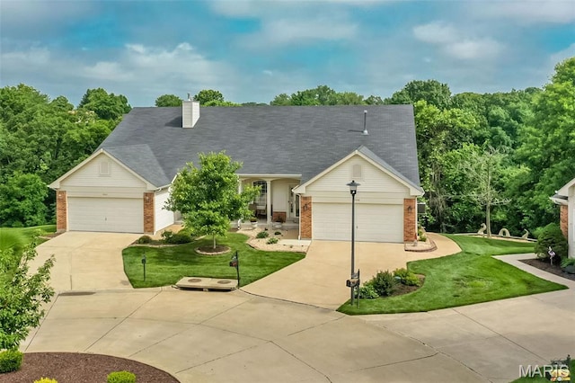 7202 Geneva Manor Ct, Oakville Township, MO 63129 - view of front facade with brick siding, driveway, a front yard, a garage, and a chimney
