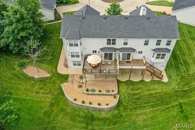 7202 Geneva Manor Ct, Oakville Township, MO 63129 - back of house with stairway, a wooden deck, a patio, a shingled roof, and a lawn