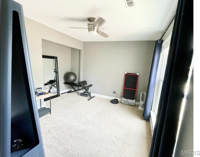 325 Fox Village Ct, Ballwin, MO 63021 - workout area with a ceiling fan and carpet
