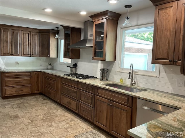 4303 State Route 160, Highland, IL 62249 - kitchen with wall chimney range hood, appliances with stainless steel finishes, hanging light fixtures, backsplash, and recessed lighting