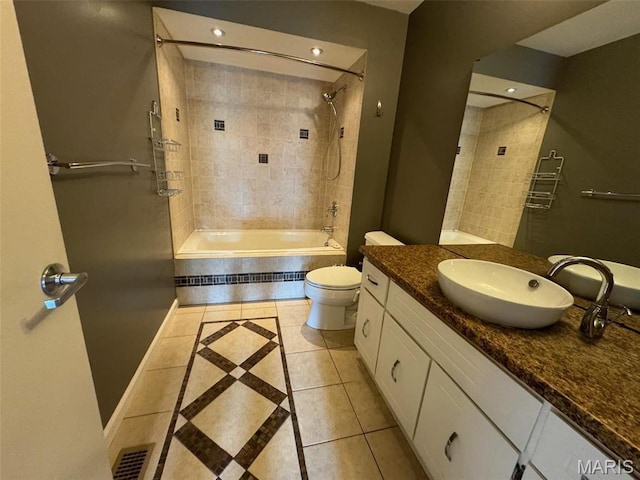 12383 Woodline Dr, Saint Louis, MO 63141 - full bath with tile patterned floors, tiled shower / bath combo, vanity, recessed lighting, and inlaid floor details