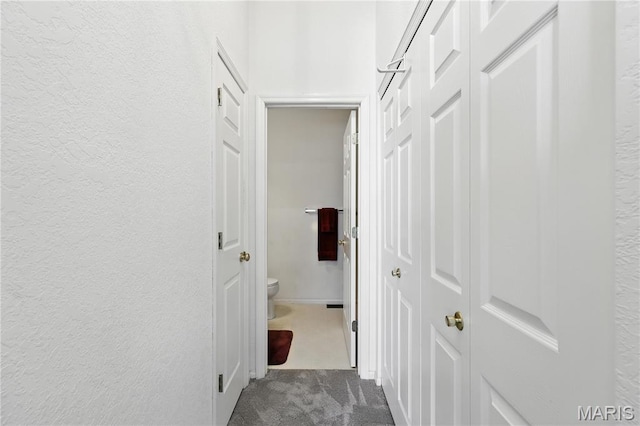 1516 Lienemann Dr Unit 26, Saint Charles, MO 63303 - hallway featuring dark carpet and a textured wall