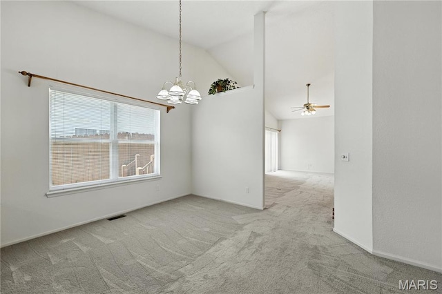 1516 Lienemann Dr Unit 26, Saint Charles, MO 63303 - unfurnished room featuring carpet, a chandelier, high vaulted ceiling, and ceiling fan