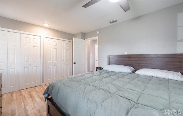 77 Indian Hills Dr, Cuba, MO 65453 - bedroom featuring two closets, light wood-style flooring, and a ceiling fan