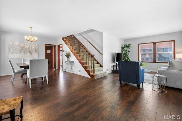 512 N Hills Dr, Saint Louis, MO 63121 - living room with stairway, a chandelier, and hardwood / wood-style flooring
