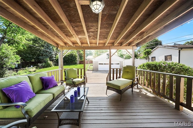 512 N Hills Dr, Saint Louis, MO 63121 - wooden terrace featuring an outdoor living space and an outbuilding