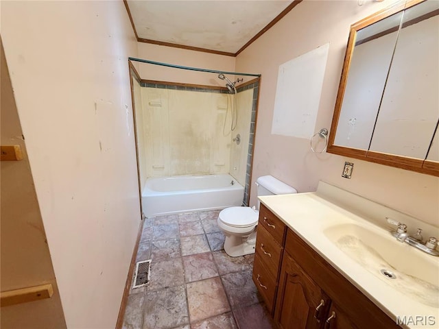 335 Sumac St, Payson, IL 62360 - full bath featuring crown molding, vanity, stone finish floors, and washtub / shower combination