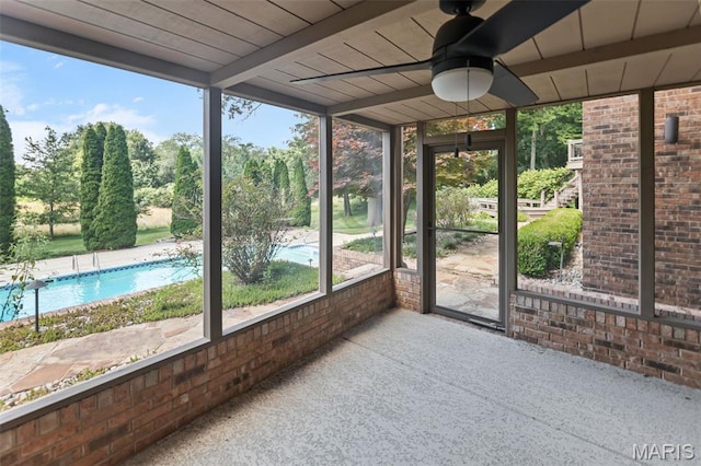 4775 S Hazel Rd, Edwardsville, IL 62025 - unfurnished sunroom with a ceiling fan and beam ceiling