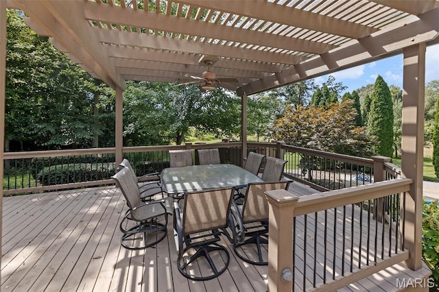 4775 S Hazel Rd, Edwardsville, IL 62025 - wooden deck with a pergola, outdoor dining area, and ceiling fan