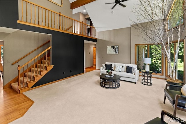 4775 S Hazel Rd, Edwardsville, IL 62025 - living room with high vaulted ceiling, a ceiling fan, stairway, wood finished floors, and recessed lighting