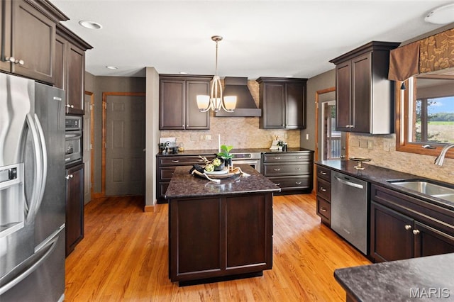 4775 S Hazel Rd, Edwardsville, IL 62025 - kitchen with appliances with stainless steel finishes, wall chimney range hood, dark brown cabinets, backsplash, and recessed lighting