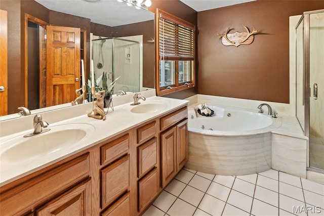 4775 S Hazel Rd, Edwardsville, IL 62025 - bathroom featuring a shower stall, a whirlpool tub, double vanity, and tile patterned floors