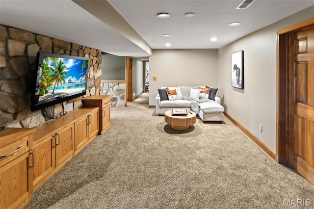 4775 S Hazel Rd, Edwardsville, IL 62025 - living area featuring carpet flooring, a fireplace, and recessed lighting
