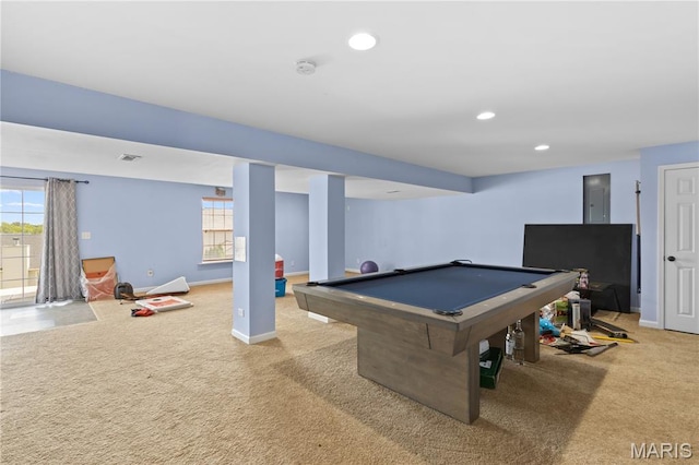 672 Berrywine Ln, Arnold, MO 63010 - playroom with carpet flooring, electric panel, billiards table, healthy amount of natural light, and recessed lighting