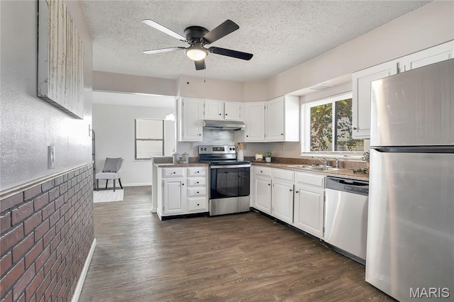 8219 Pear Ln, Saint Louis, MO 63123 - kitchen featuring appliances with stainless steel finishes, under cabinet range hood, a textured ceiling, white cabinets, and a ceiling fan