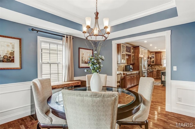 1029 Brownell Ave, Glendale, MO 63122 - dining room featuring a chandelier, a wainscoted wall, crown molding, dark wood-style flooring, and recessed lighting