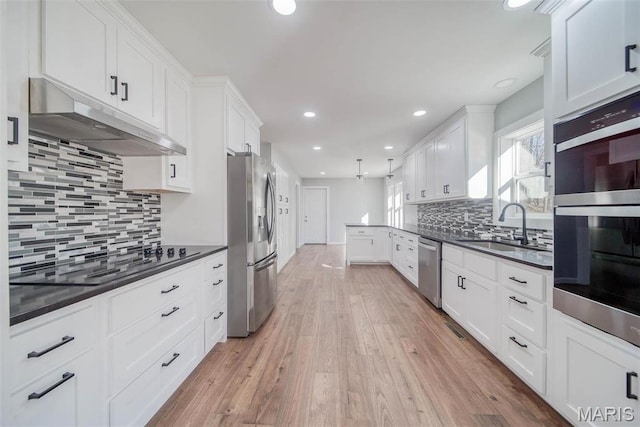 11880 County Road 3040, Rolla, MO 65401 - kitchen featuring under cabinet range hood, stainless steel appliances, dark countertops, decorative backsplash, and light wood-style floors