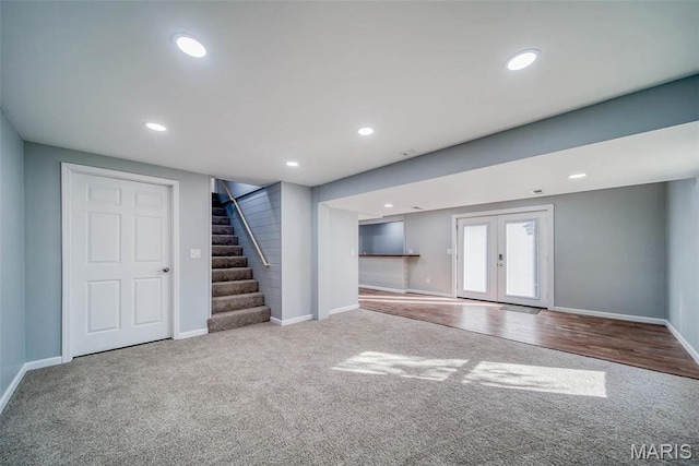 11880 County Road 3040, Rolla, MO 65401 - below grade area featuring carpet floors, french doors, stairway, and recessed lighting