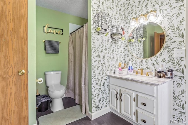211 Congress St, Park Hills, MO 63601 - full bathroom with wallpapered walls, vanity, a textured ceiling, and wood finished floors