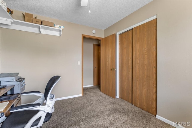 211 Congress St, Park Hills, MO 63601 - office area featuring carpet flooring, a textured ceiling, and a ceiling fan