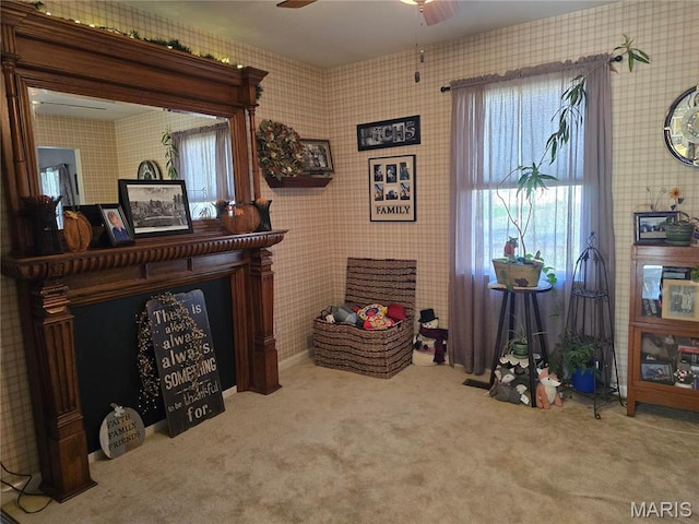 310 E 1st St, Ramsey, IL 62080 - living area with carpet floors, ceiling fan, and wallpapered walls