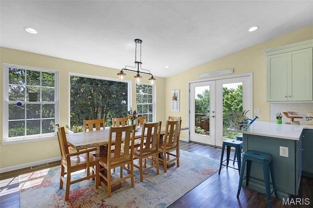 4846 S Point Rd, Washington, MO 63090 - dining space featuring dark wood-style floors, french doors, recessed lighting, and vaulted ceiling