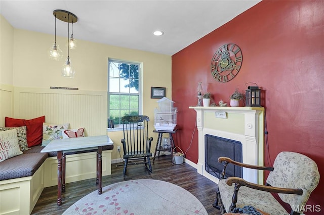 4846 S Point Rd, Washington, MO 63090 - sitting room featuring wood finished floors, a fireplace, a wainscoted wall, and recessed lighting