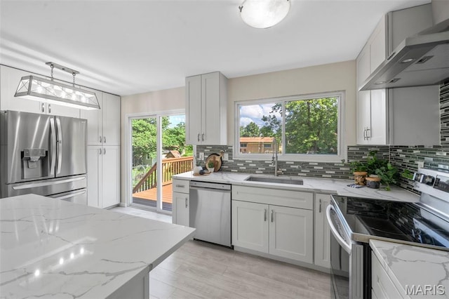 383 Messina Dr, Ballwin, MO 63021 - kitchen with stainless steel appliances, decorative backsplash, extractor fan, and light stone countertops