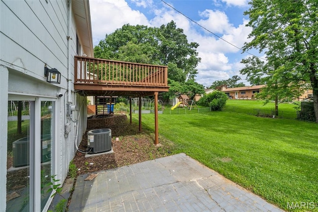 383 Messina Dr, Ballwin, MO 63021 - view of grassy yard with a patio area, a playground, and a wooden deck