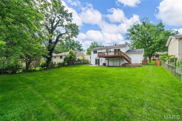 383 Messina Dr, Ballwin, MO 63021 - rear view of property with stairway, a fenced backyard, and a wooden deck