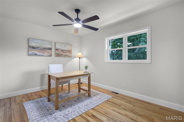246 Leichester Cir, Ballwin, MO 63011 - office area featuring wood finished floors and ceiling fan
