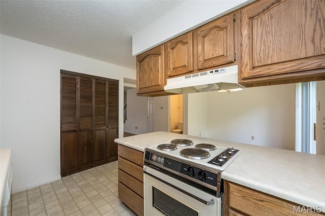2266 Highland Hill Dr Unit F, Saint Peters, MO 63376 - kitchen with white electric stove, under cabinet range hood, light countertops, light floors, and a textured ceiling