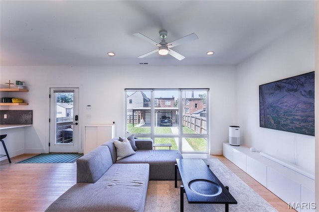 4133 Lafayette Ave, Saint Louis, MO 63110 - living room with wood finished floors, ceiling fan, and recessed lighting