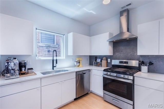 4133 Lafayette Ave, Saint Louis, MO 63110 - kitchen featuring appliances with stainless steel finishes, wall chimney exhaust hood, white cabinets, tasteful backsplash, and light countertops