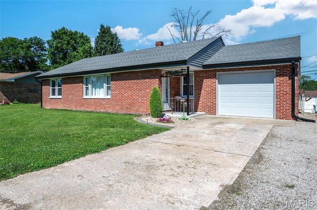 ranch-style house featuring a garage, a front lawn, brick siding, driveway, and a chimney