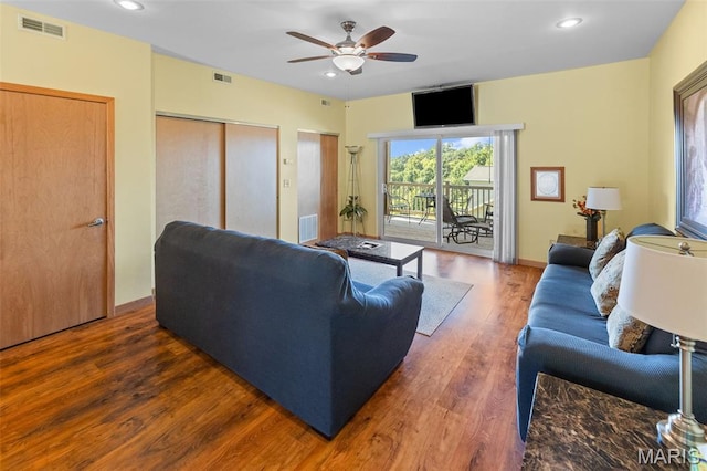 319 Timber Ridge Dr, Grafton, IL 62037 - living area with ceiling fan, wood finished floors, and recessed lighting