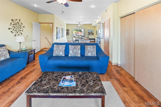 319 Timber Ridge Dr, Grafton, IL 62037 - living room featuring a ceiling fan, wood finished floors, and recessed lighting