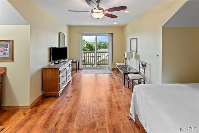 319 Timber Ridge Dr, Grafton, IL 62037 - bedroom with access to exterior, light wood-type flooring, a ceiling fan, and recessed lighting