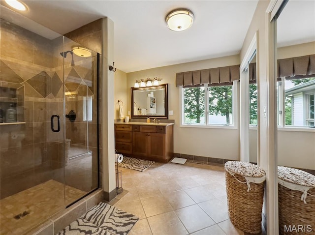 1171 Thunder Mountain Rd, Camdenton, MO 65020 - full bathroom with vanity, a stall shower, and tile patterned floors
